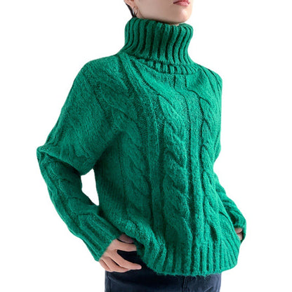 Senior sense retro green twisted lazy wind knitted jumper thicken loose heavyweight outerwear turtleneck sweaters women