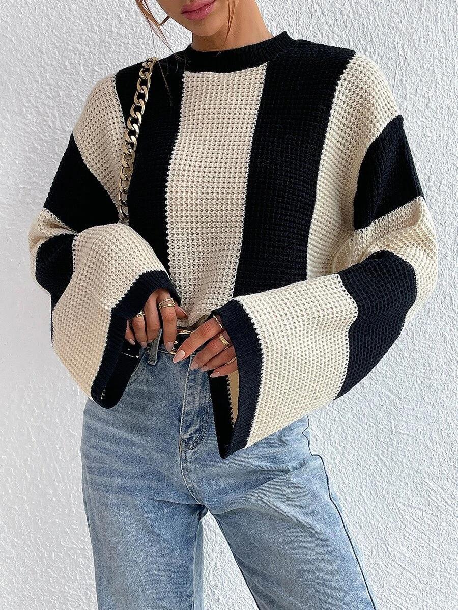knitwear women fashion autumn winter round neck oversize pullover jumpers striped knitted casual sweaters