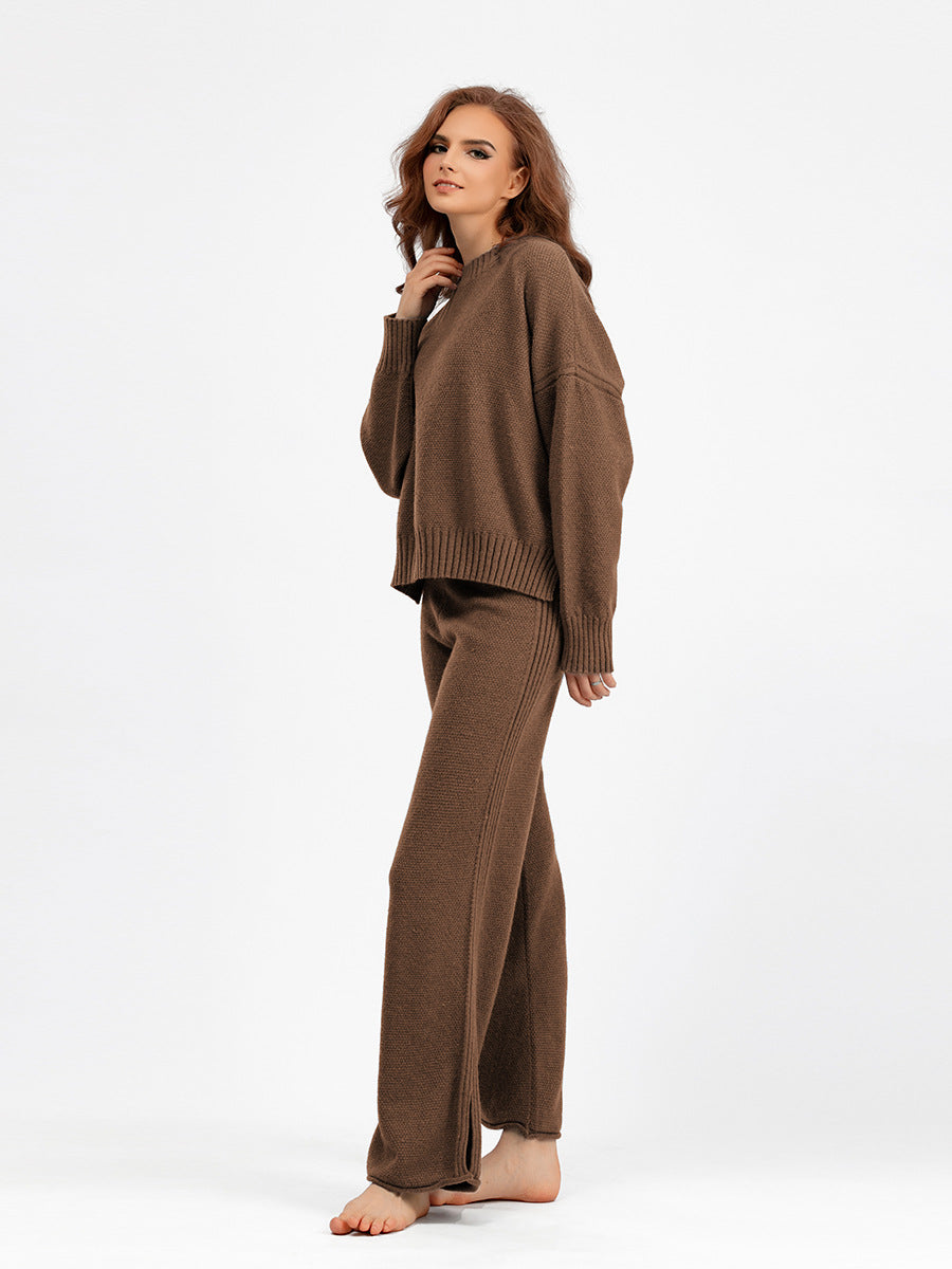 Knitwear o- neck ribbed pullover sweater 2 piece sets women wide leg pants oversize casual knitted outfits