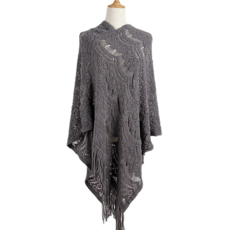 New Arrival Mid-length crocheted hollow out irregular tassel capes knitted pullover sweater women’s shawl