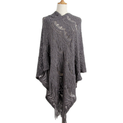 New Arrival Mid-length crocheted hollow out irregular tassel capes knitted pullover sweater women’s shawl