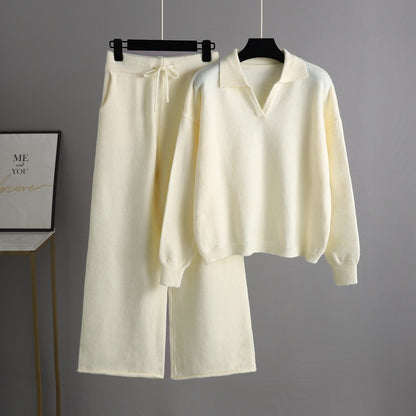 Autumn Winter Solid color Loose Polo Collar Sweater Wide Leg Pants Temperament Women’s 2 piece knitted Set