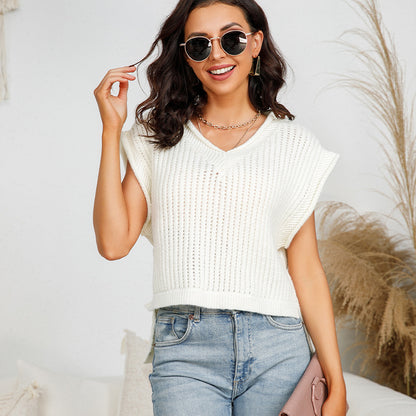 hot sales sleeveless single color knitwear women casual pullover irregular design v neck sweater