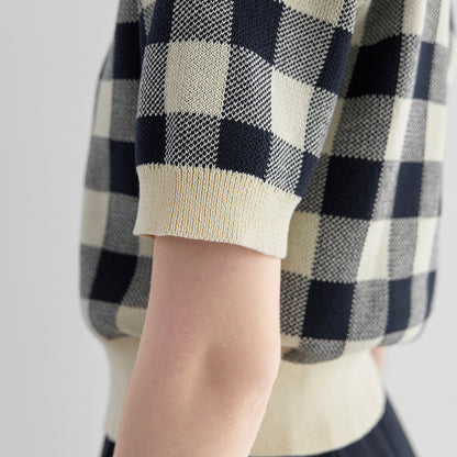 Trending Summer British style short sleeve cardigans women’s thin round neck checkerboard knitted top