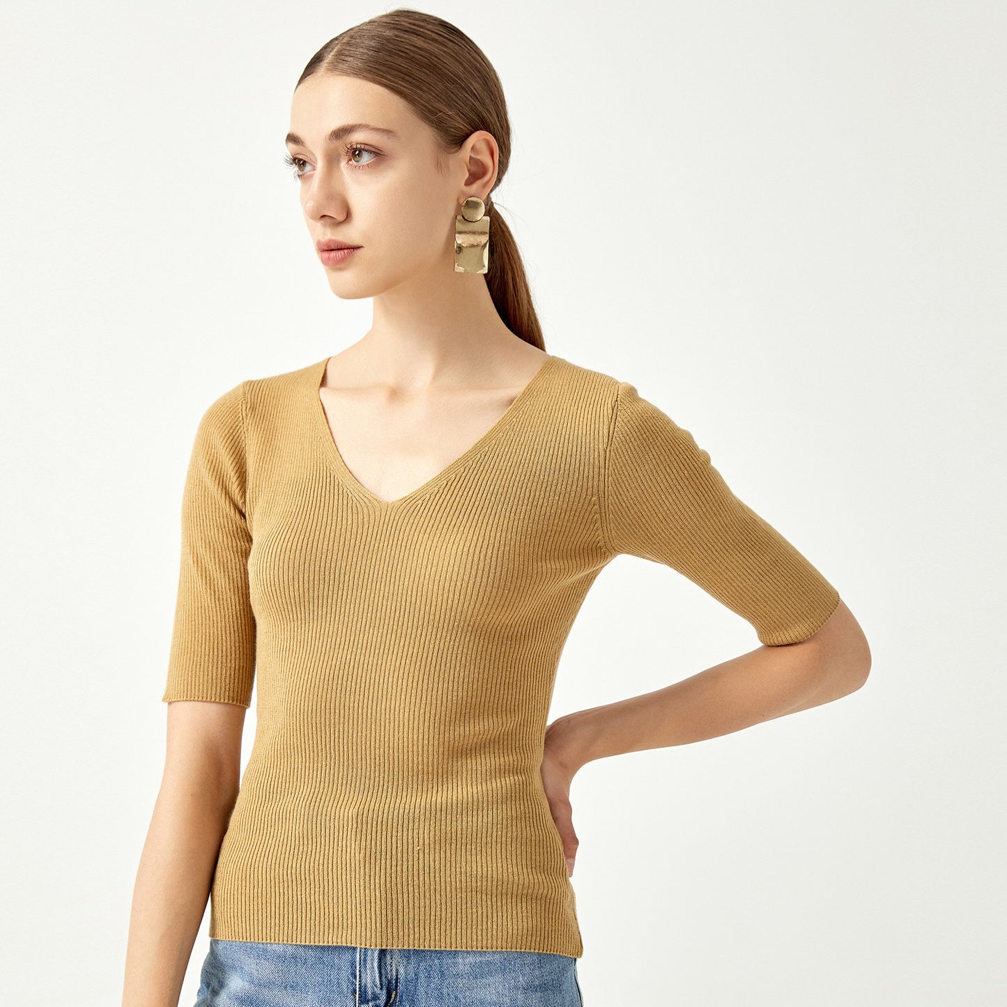 New design Five-quarter sleeve v neck Knitwear Spring summer Solid color Pullover elegant Women Sweater