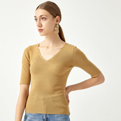 New design Five-quarter sleeve v neck Knitwear Spring summer Solid color Pullover elegant Women Sweater