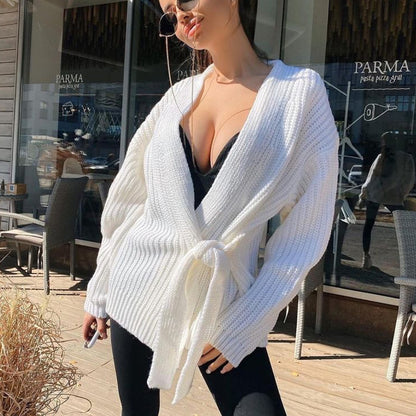 Fall winter v neck lace up knitwear thicken pure color oversize cardigans women sweaters coat