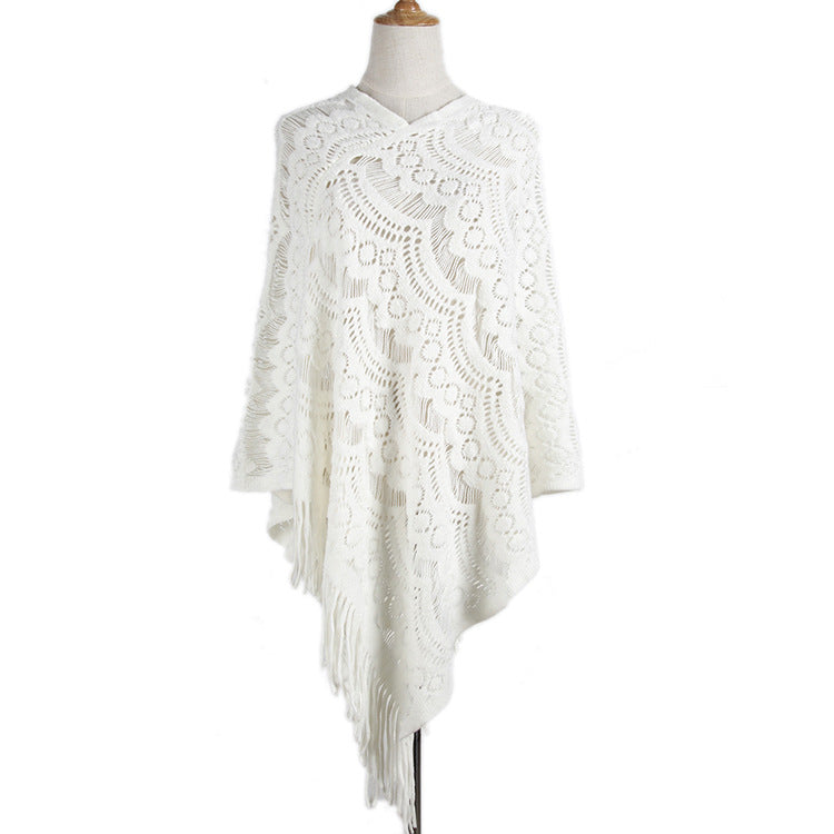 New Arrival Mid-length crocheted hollow out irregular tassel capes knitted pullover sweater women’s shawl