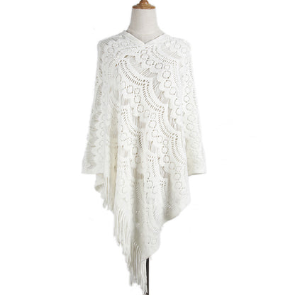 New Arrival Mid-length crocheted hollow out irregular tassel capes knitted pullover sweater women’s shawl