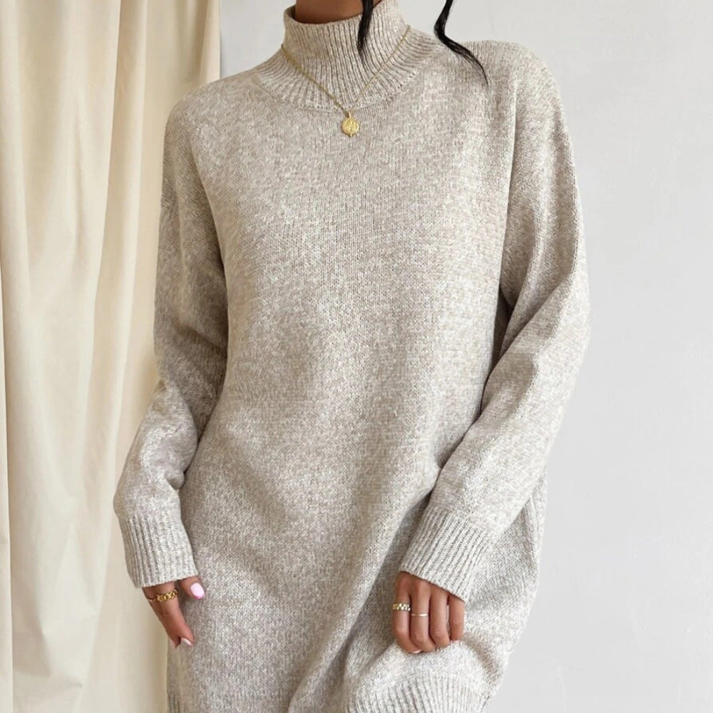 Solid color elegant knitwear women pullover turtleneck knitted casual one piece dress