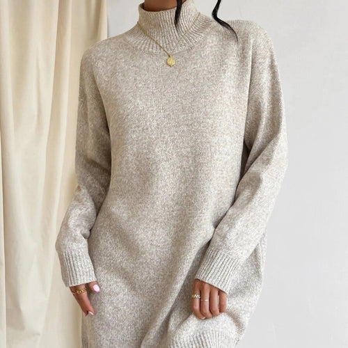 Solid color elegant knitwear women pullover turtleneck knitted casual one piece dress