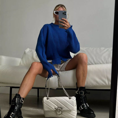 New arrivals round neck casual jumpers mujer winter autumn ripped pullover wool knit sweaters for women
