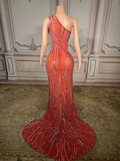 ZD Elegant Asymmetric Rhinestone Bodycon Evening Dress Sexy Side Cutouts Thigh-High Slit Floor-Length Formal Gown for Red Carpet