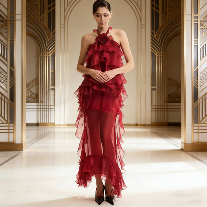 High Quality New 2026 Spring Modern A-Line Women’s Chiffon Maxi Dress Allover Cascading Ruffle Flower Patterns Quick Dry RED