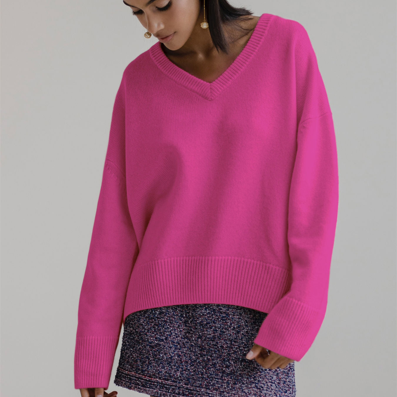 plush Knitwear warm winter long sleeve thicken pullover v neck oversize women short sweaters