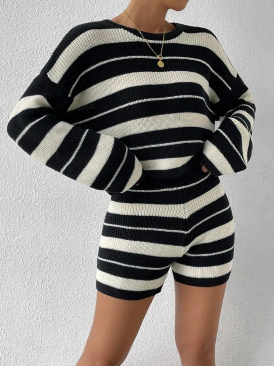 Fall Winter Knit Casual Striped Women Loungewear Pajama Set Knitted Round Neck Pullover Sweater 2 Piece Shorts Set