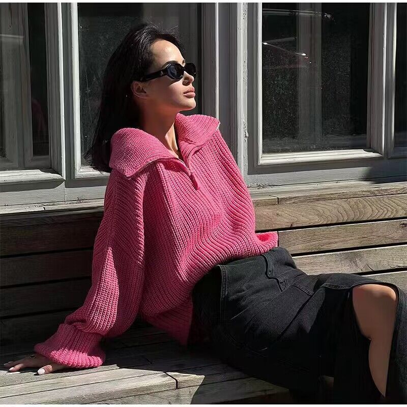 Trendy hot sales pure color lapel collar solid color thick half zipper women casual sweaters