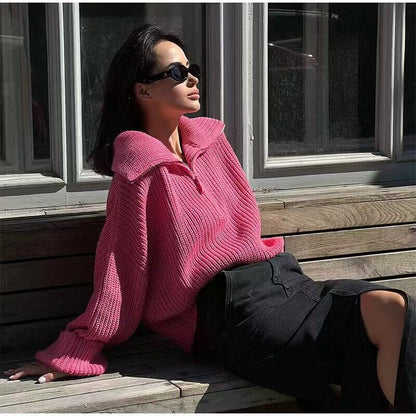 Trendy hot sales pure color lapel collar solid color thick half zipper women casual sweaters