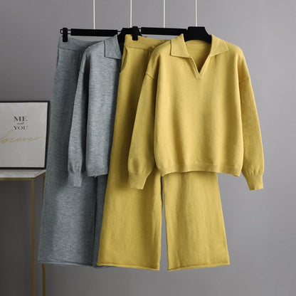 Autumn Winter Solid color Loose Polo Collar Sweater Wide Leg Pants Temperament Women’s 2 piece knitted Set