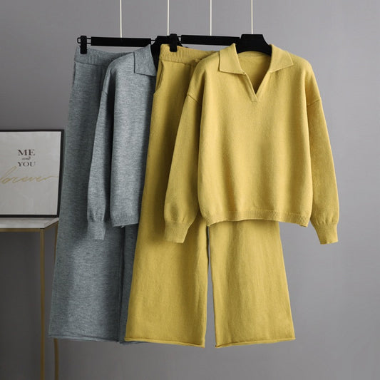 Autumn Winter Solid color Loose Polo Collar Sweater Wide Leg Pants Temperament Women’s 2 piece knitted Set