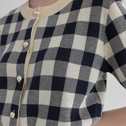 Trending Summer British style short sleeve cardigans women’s thin round neck checkerboard knitted top