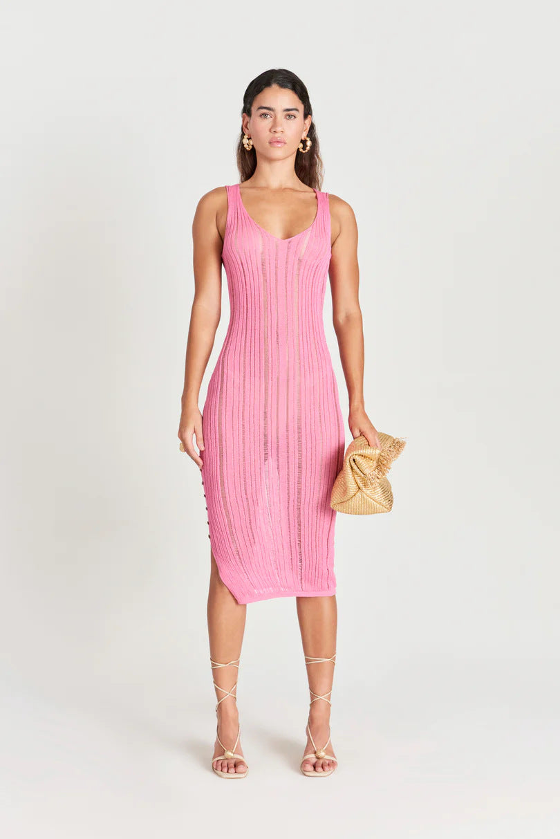 2026 Women clothing V neck knitted sexy hollow out one piece temperament slim waist side slit midi dress