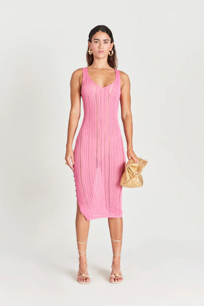 2026 Women clothing V neck knitted sexy hollow out one piece temperament slim waist side slit midi dress