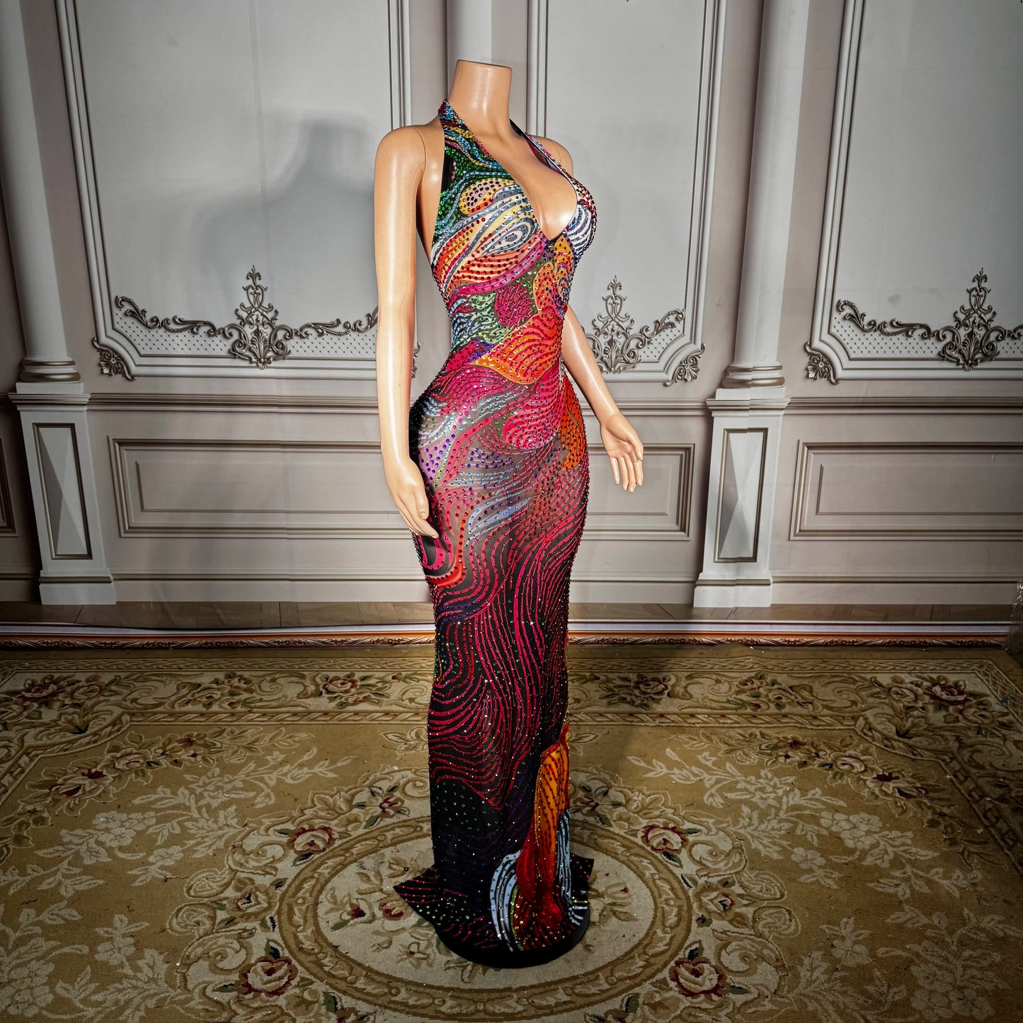 ZD Sexy See-through Mesh Dress with Deep Backless Design – Multi-Color Rhinestone Embellished Clubwear for Parties & Nightclubs