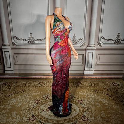 ZD Sexy See-through Mesh Dress with Deep Backless Design – Multi-Color Rhinestone Embellished Clubwear for Parties & Nightclubs