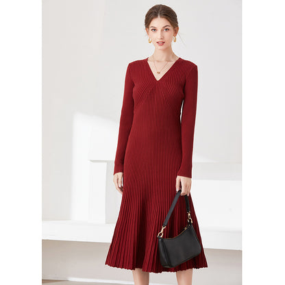 women fashion long sleeve knitwear slim fit elegant pullover v neck sweater knit midi dress