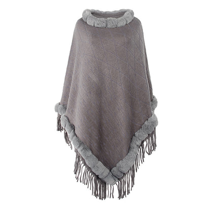 New Design Faux Fur Lined Collar Pullover Loose Sweater Poncho Oversize solid color warm tippet For Women