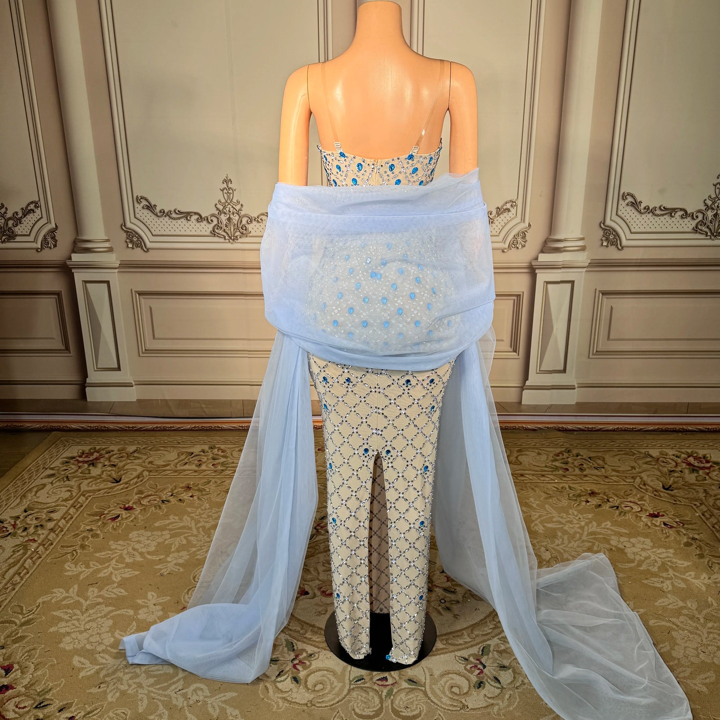 ZD Sparkly Dazzling Blue Crystal Beaded Strapless Club Floor-Length Natural Eco-Friendly Fitted Spaghetti Slip Elegant Prom