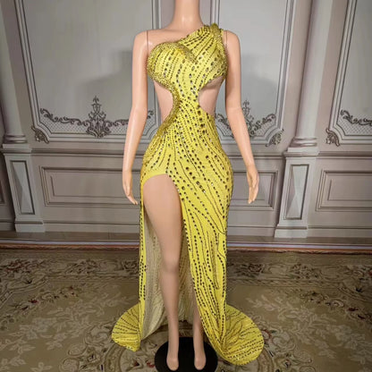 ZD Pearl Rhinestone Bodycon Floor-Length High-Slit Gown Asymmetric One-Shoulder Dress Daring Cutouts for Gala Nights Cocktail