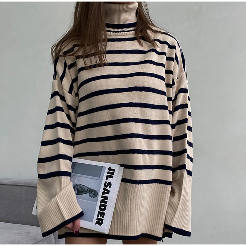 rolled neck sweaters oversize color blocking side split women autumn winter jumper mujer
