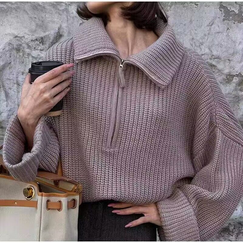 New arrivals winter fall solid color knitwear turn down collar half zipper knitted sweater tops for women