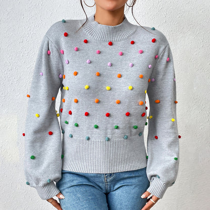New arrivals Loose Elegant Colored beaded knitwear round neck pullover puff sleeve casual sweater women