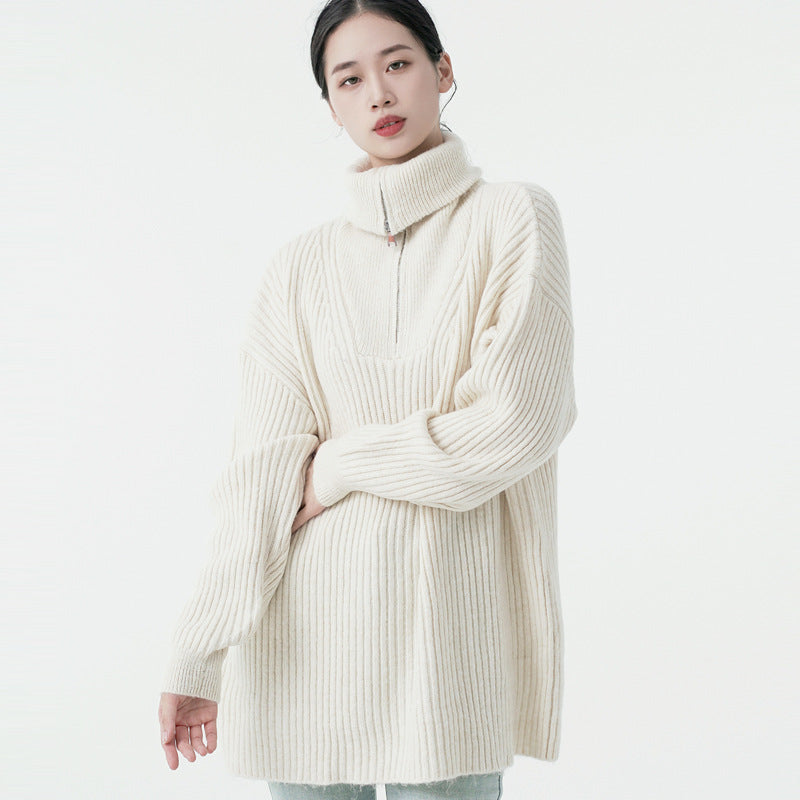 Knitwear autumn winter zipper turn down collar long sleeve luxury women cashmere pullover sweater