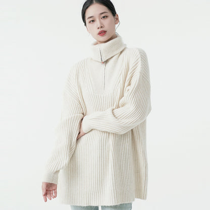 Knitwear autumn winter zipper turn down collar long sleeve luxury women cashmere pullover sweater