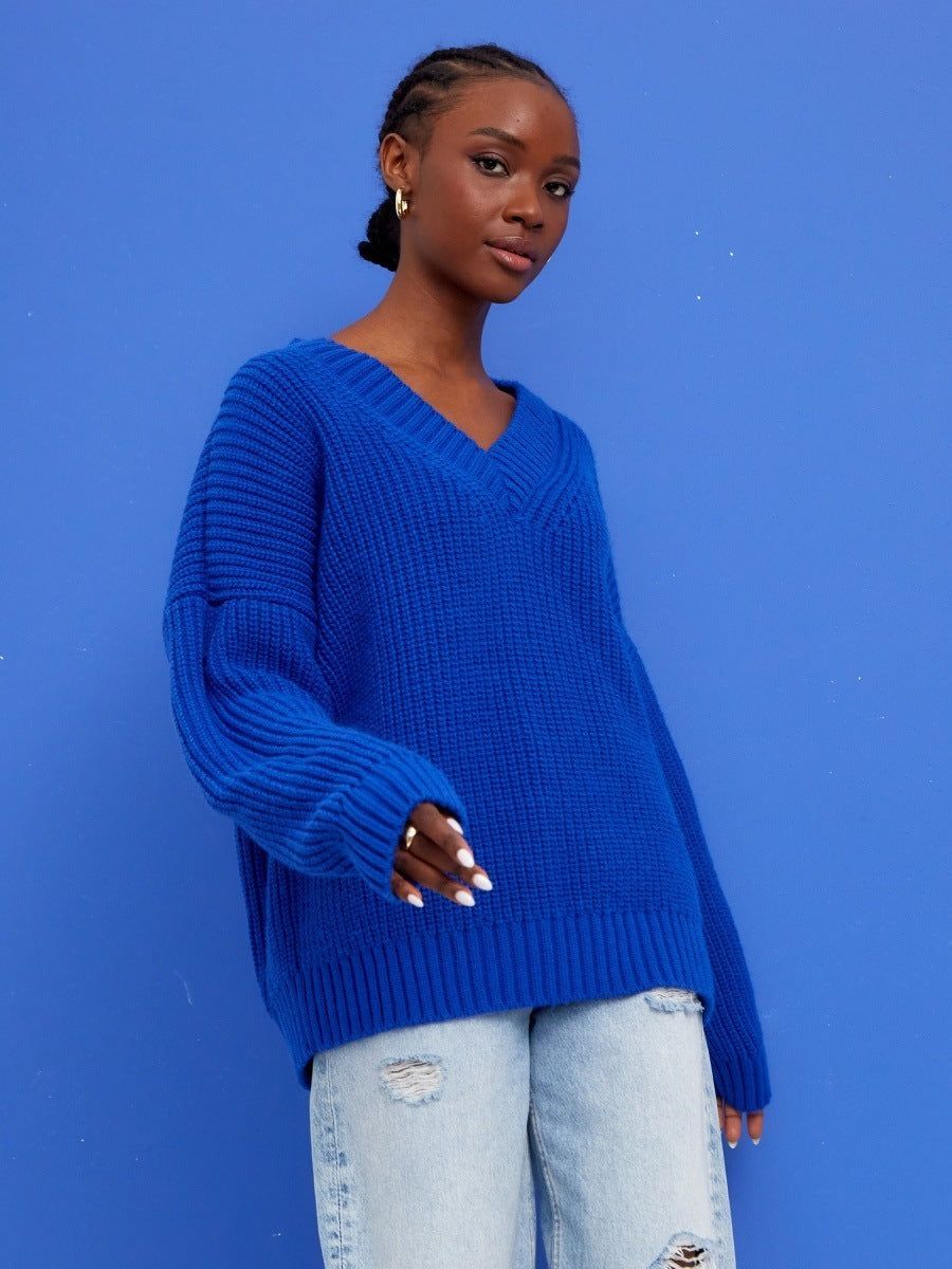 Trending Fall Winter Loose v neck jumpers casual pullover knitted elegant thicken sweater for women