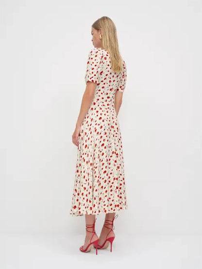 Women Ivory Red Floral Print Short Sleeve Deep V Neck Midi Dress Formal Daily Elegant Summer Breathable Natural Waistline Outfit