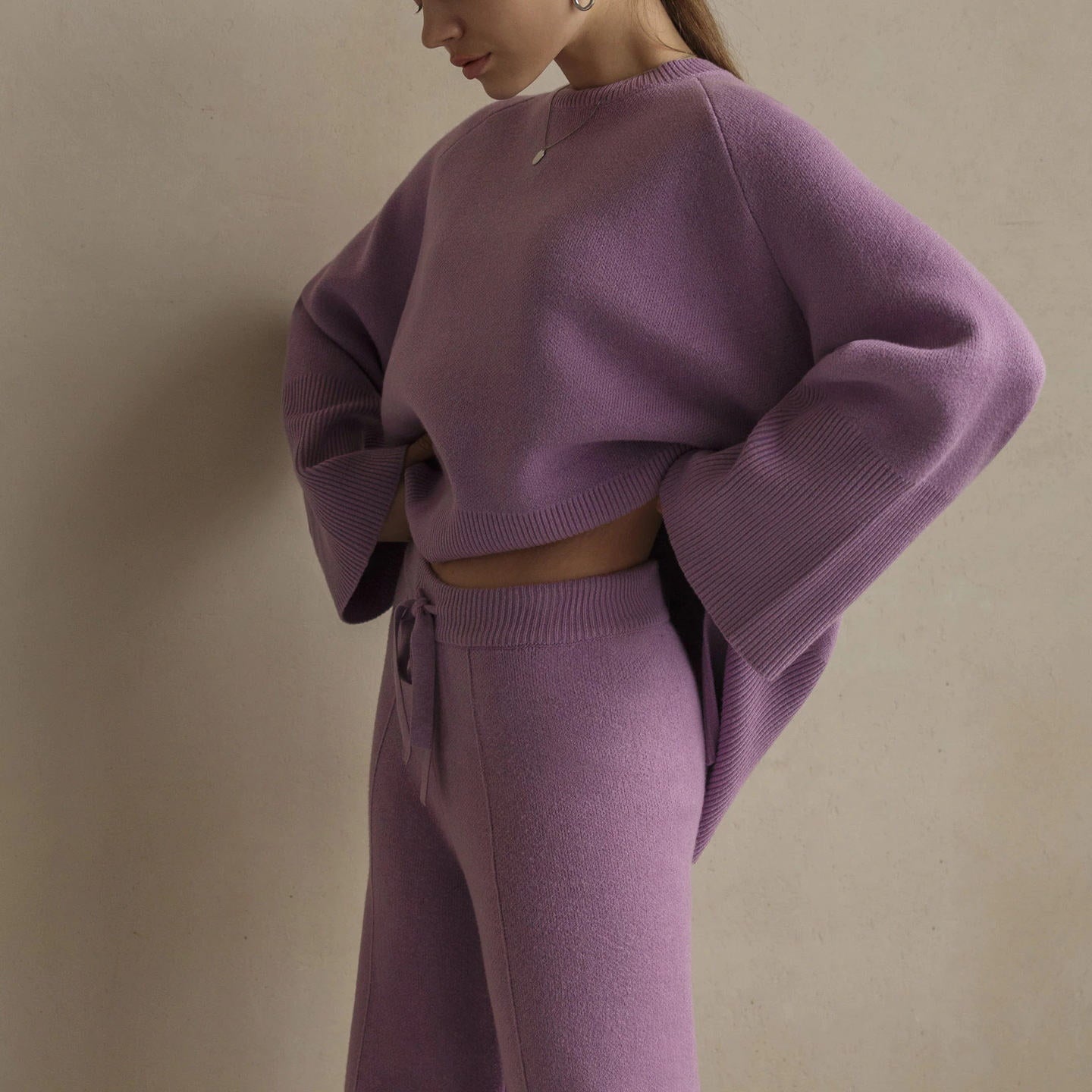 High Quality pure color twinset Oversize knitwear women casual side split knitted 2 piece matching outfits