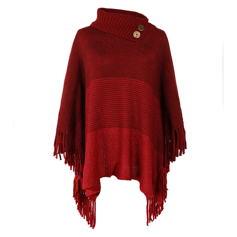 Autumn Winter Fringed Cloak Shawl Tassel Half Open Collar Color Blocking Sweater coat for Women