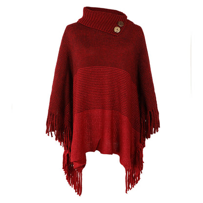 Autumn Winter Fringed Cloak Shawl Tassel Half Open Collar Color Blocking Sweater coat for Women