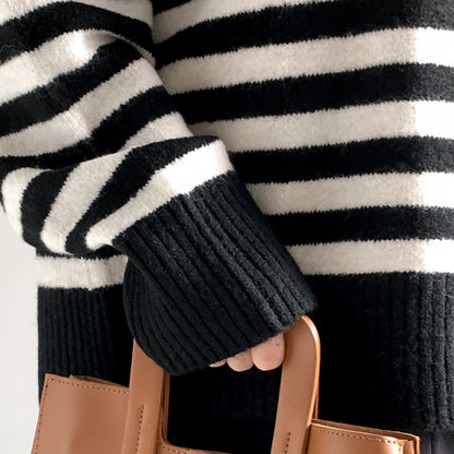 Autumn winter soft loose lazy stylish lapel collar half zipper high neck thick striped women’s sweater