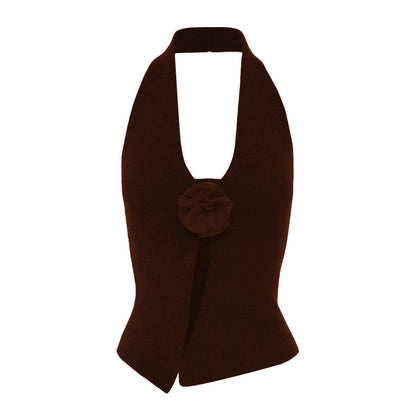 Hot selling solid color halter sexy knitwear women fashion slim waist sleeveless backless summer knitted vest with rose