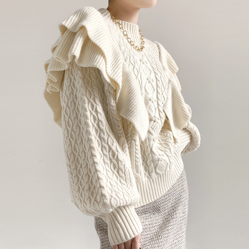 New Arrival half high neck wool knitted solid color knitwear lantern sleeve stylish ruffles mujer sweater