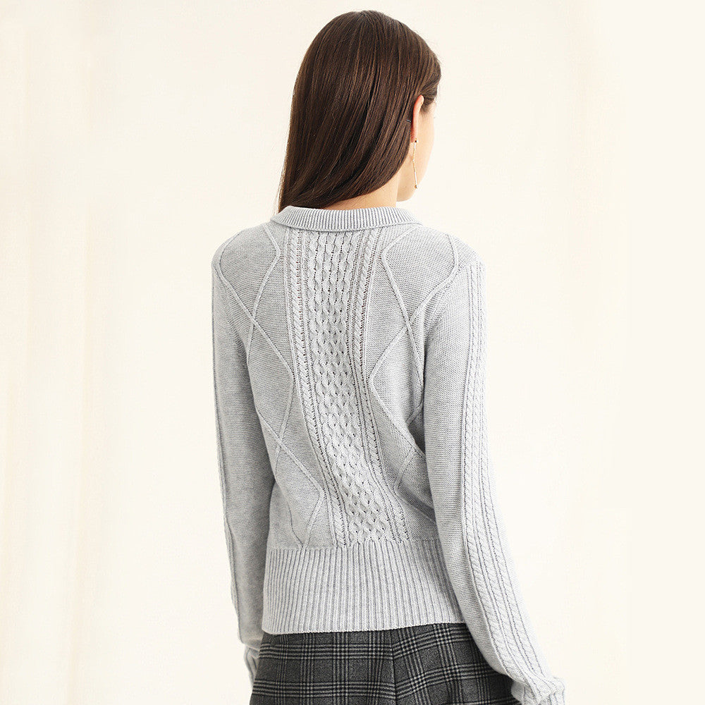 New design spring summer lapel collar cable knit sweaters women pullover long sleeve knitted sweater