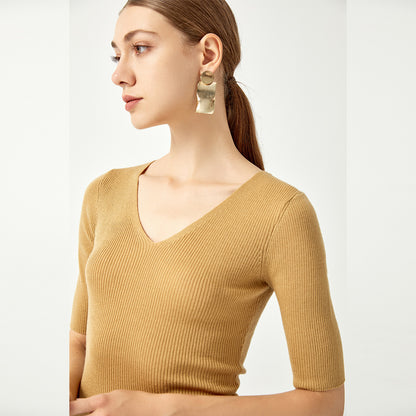 Hot selling single color deep v neck elegant knitwear slim fit sweater knitted sweater