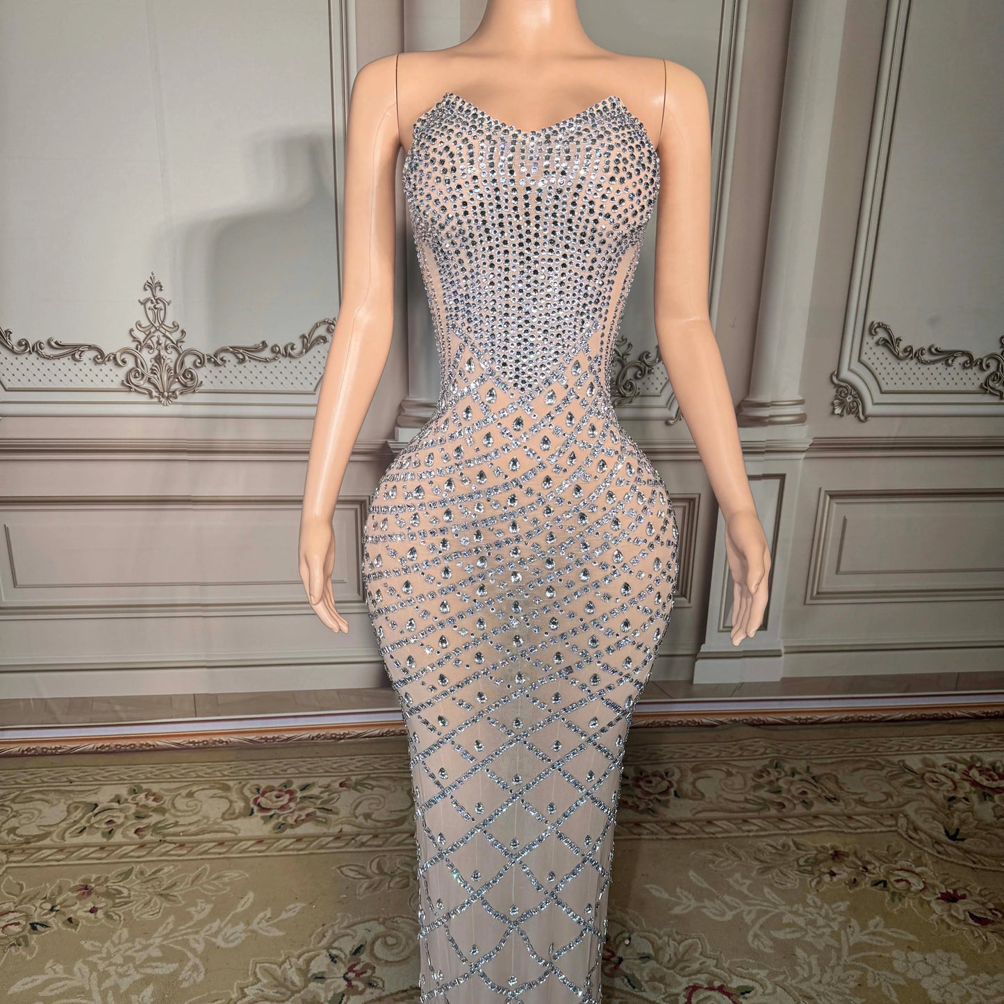 ZD Sparkly Colored Rhinestone Strapless Off-the-shoulder Natural Waist Club Party Dresses Ball Long Gown Floor Length Evening