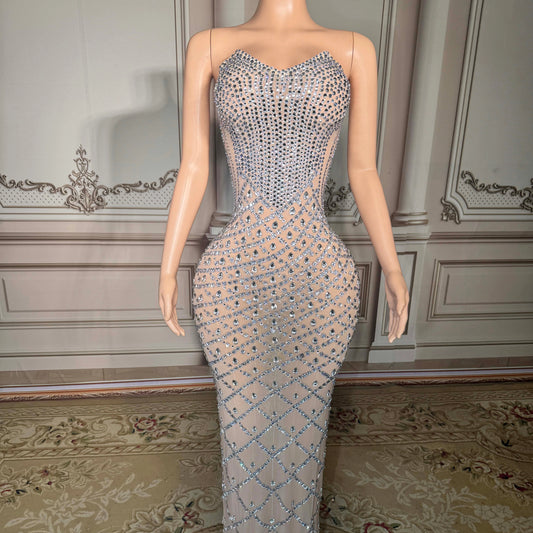 ZD Sparkly Colored Rhinestone Strapless Off-the-shoulder Natural Waist Club Party Dresses Ball Long Gown Floor Length Evening